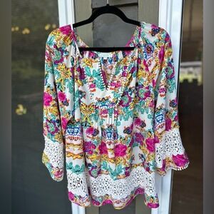 Jade Melody Tam Floral Crochet Bell‎ Sleeve Top XL